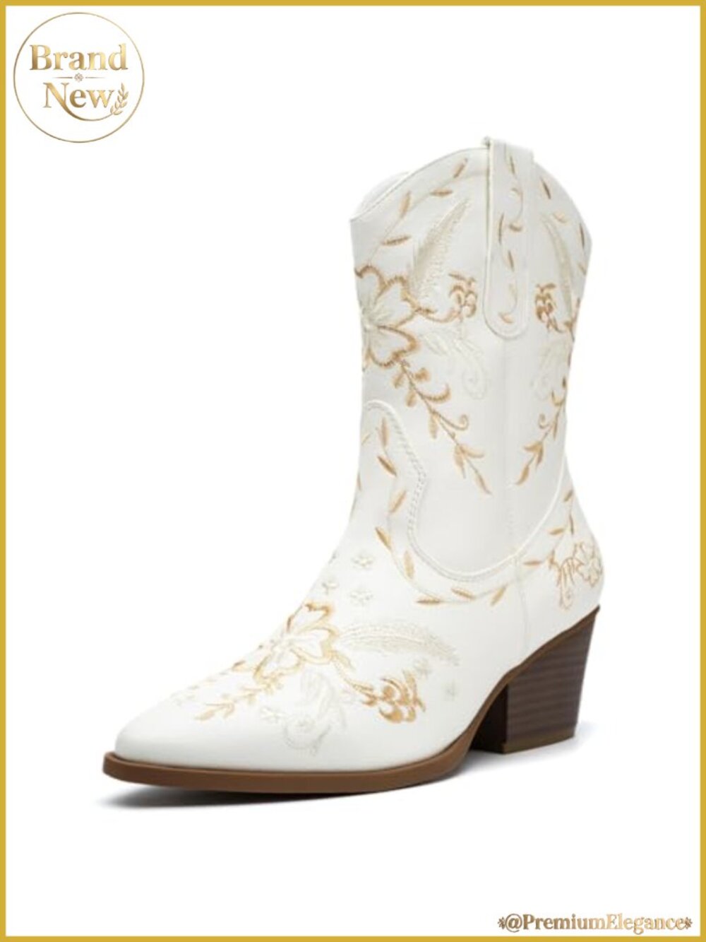 Womens Wide Calf Cowboy Boots Gold Embroidery Chunky Heel Zip Up Pointed Toe